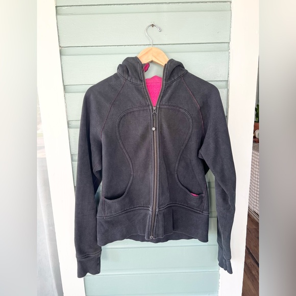 Vintage Lululemon scuba hoodie zip up black pink thick cotton athletic cozy 10 - Picture 1 of 9